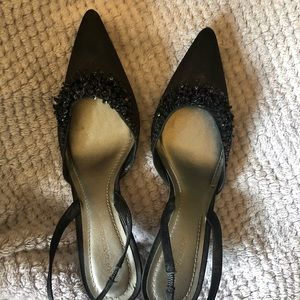 Black Beaded Sateen Slingback 2in Pointy Toe Herls